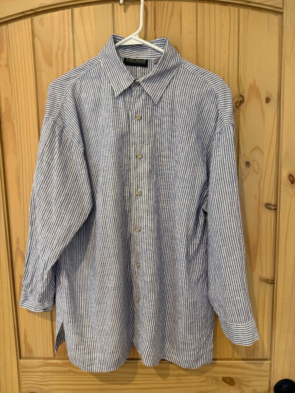 VINTAGE 90s Harve Bernard Blue & White Striped 100% Linen Shirt Men's Large EUC